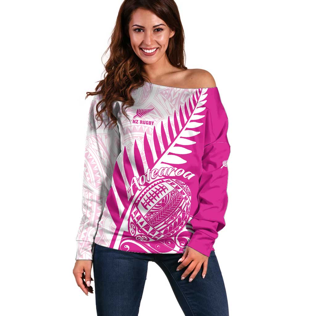Custom New Zealand Rugby Silver Fern Off Shoulder Sweater Aotearoa Maori Pink Version - Wonder Print Shop