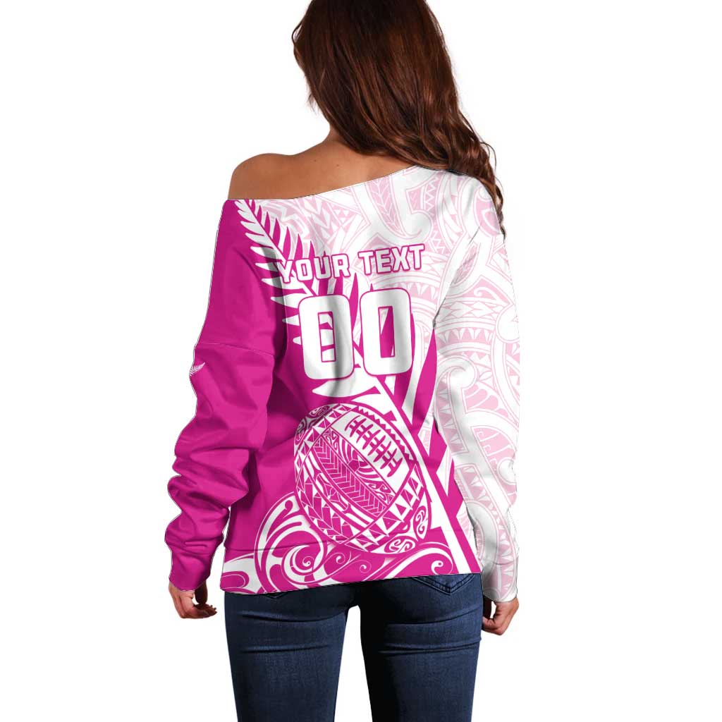 Custom New Zealand Rugby Silver Fern Off Shoulder Sweater Aotearoa Maori Pink Version - Wonder Print Shop