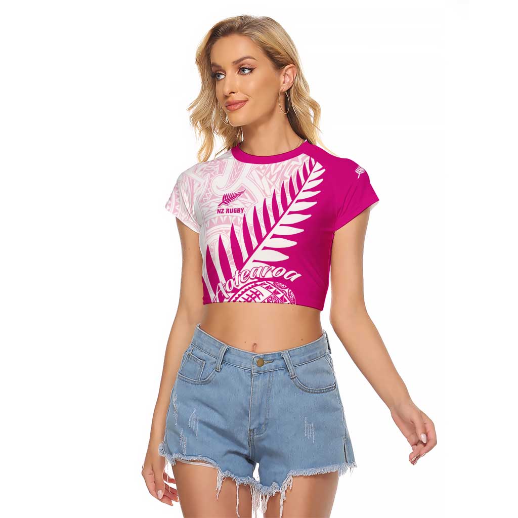 Custom New Zealand Rugby Silver Fern Raglan Cropped T Shirt Aotearoa Maori Pink Version - Wonder Print Shop