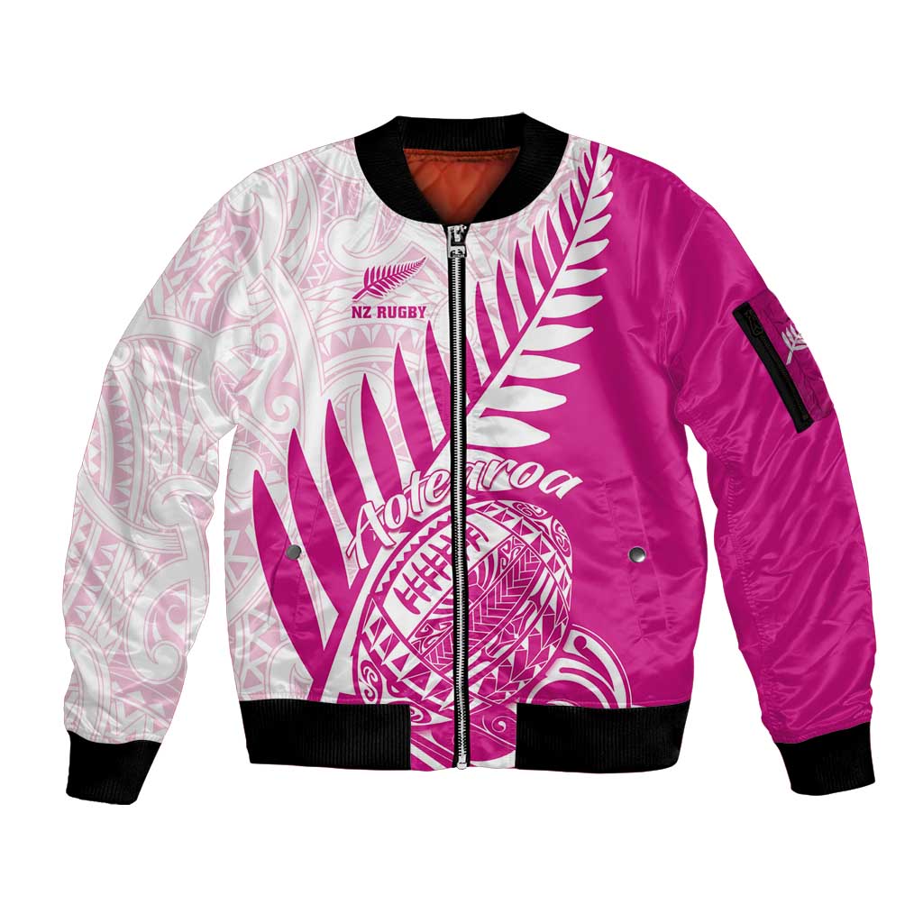 Custom New Zealand Rugby Silver Fern Sleeve Zip Bomber Jacket Aotearoa Maori Pink Version - Wonder Print Shop
