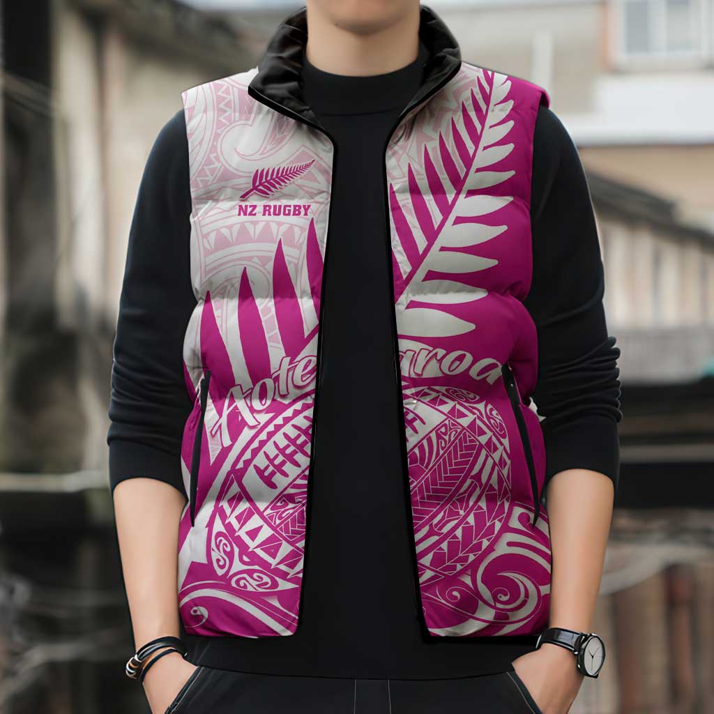 Custom New Zealand Rugby Silver Fern Sleeveless Puffer Jacket Aotearoa Maori Pink Version - Wonder Print Shop