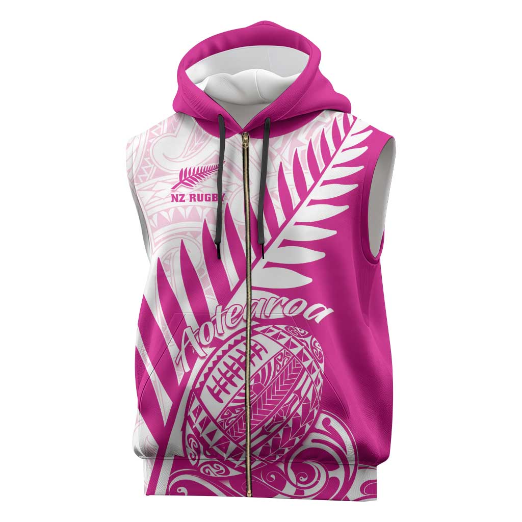 Custom New Zealand Rugby Silver Fern Sleeveless Zip Hoodie Aotearoa Maori Pink Version - Wonder Print Shop