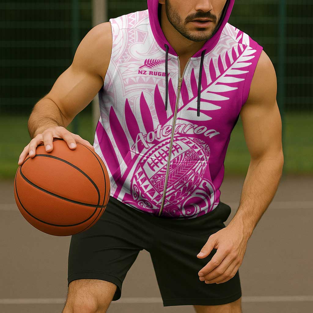 Custom New Zealand Rugby Silver Fern Sleeveless Zip Hoodie Aotearoa Maori Pink Version - Wonder Print Shop