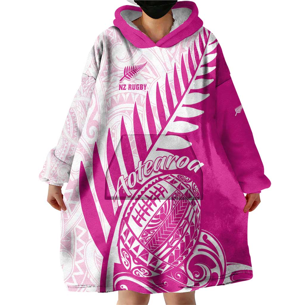 Custom New Zealand Rugby Silver Fern Wearable Blanket Hoodie Aotearoa Maori Pink Version - Wonder Print Shop