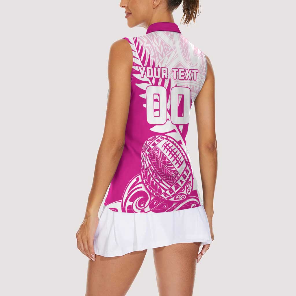 Custom New Zealand Rugby Silver Fern Women Sleeveless Polo Shirt Aotearoa Maori Pink Version - Wonder Print Shop