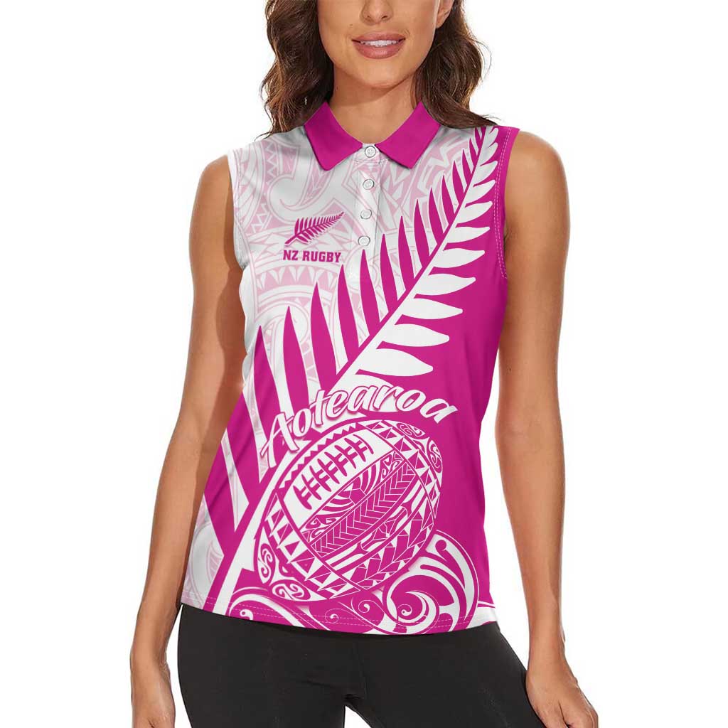Custom New Zealand Rugby Silver Fern Women Sleeveless Polo Shirt Aotearoa Maori Pink Version - Wonder Print Shop