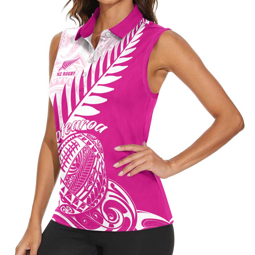 Custom New Zealand Rugby Silver Fern Women Sleeveless Polo Shirt Aotearoa Maori Pink Version - Wonder Print Shop