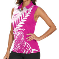 Custom New Zealand Rugby Silver Fern Women Sleeveless Polo Shirt Aotearoa Maori Pink Version - Wonder Print Shop