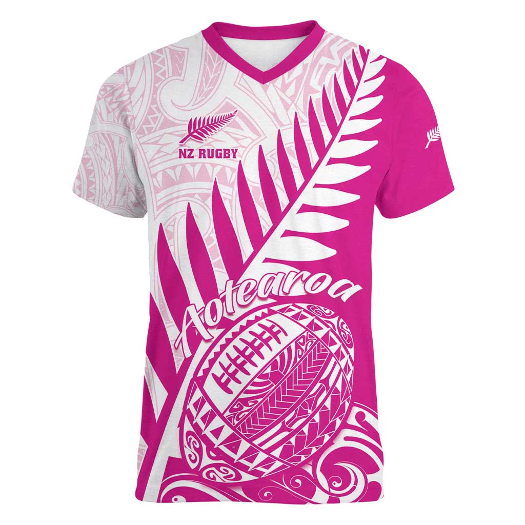 Custom New Zealand Rugby Silver Fern Women V-Neck T-Shirt Aotearoa Maori Pink Version - Wonder Print Shop