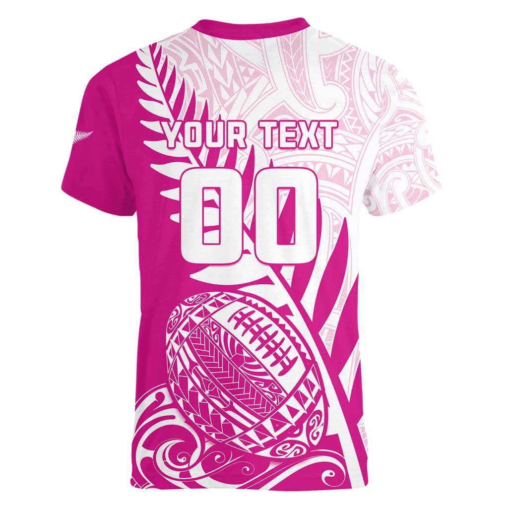 Custom New Zealand Rugby Silver Fern Women V-Neck T-Shirt Aotearoa Maori Pink Version - Wonder Print Shop