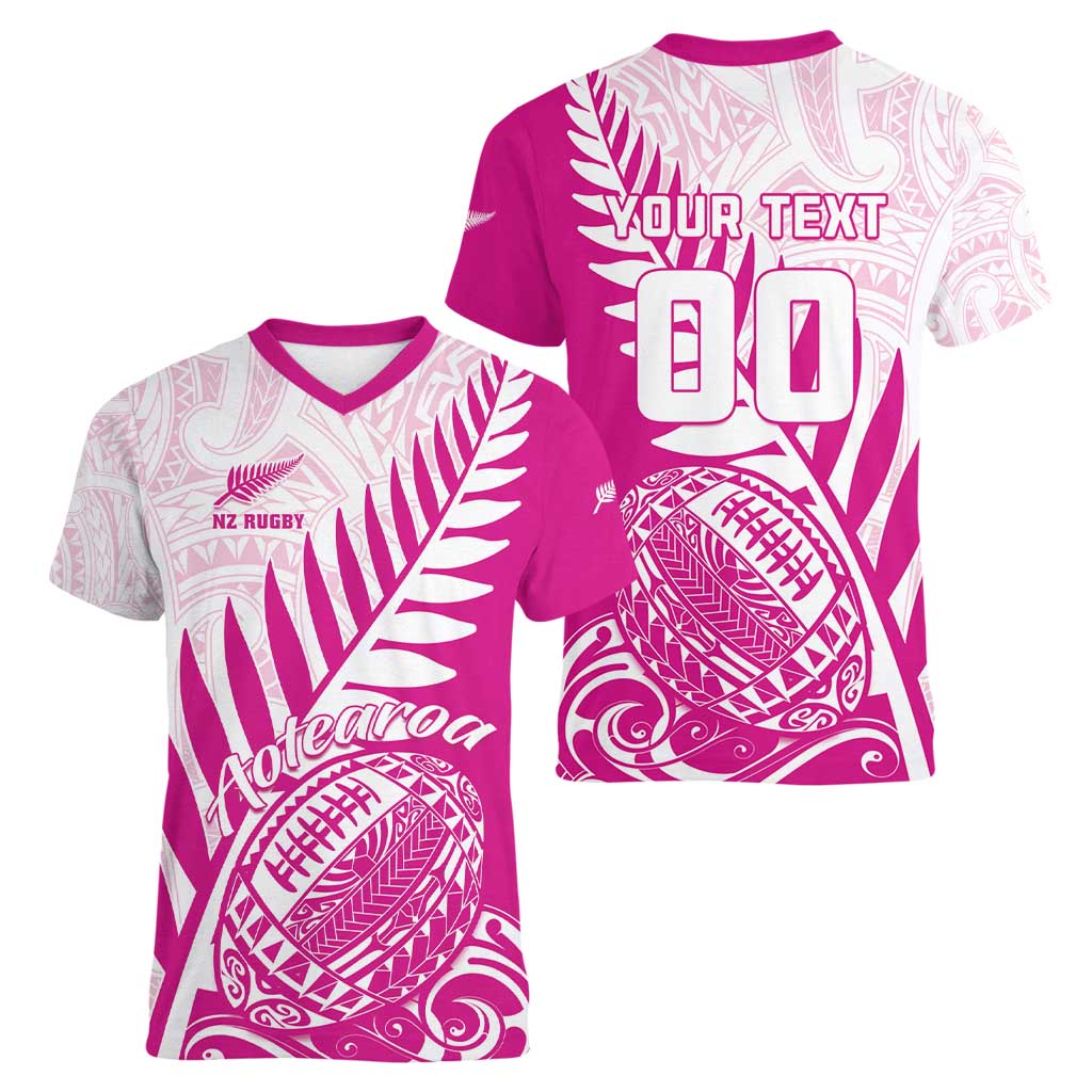 Custom New Zealand Rugby Silver Fern Women V-Neck T-Shirt Aotearoa Maori Pink Version - Wonder Print Shop