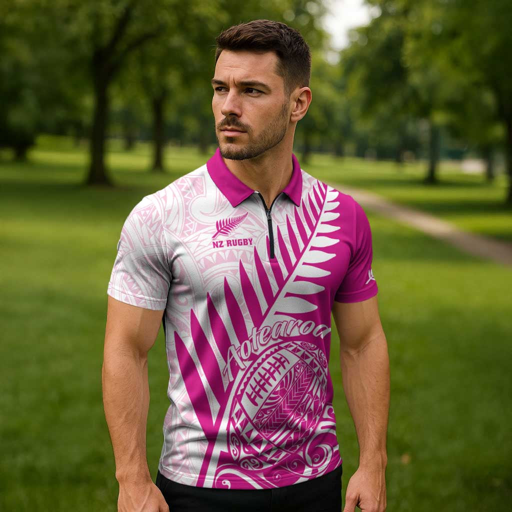 Custom New Zealand Rugby Silver Fern Zipper Polo Shirt Aotearoa Maori Pink Version - Wonder Print Shop