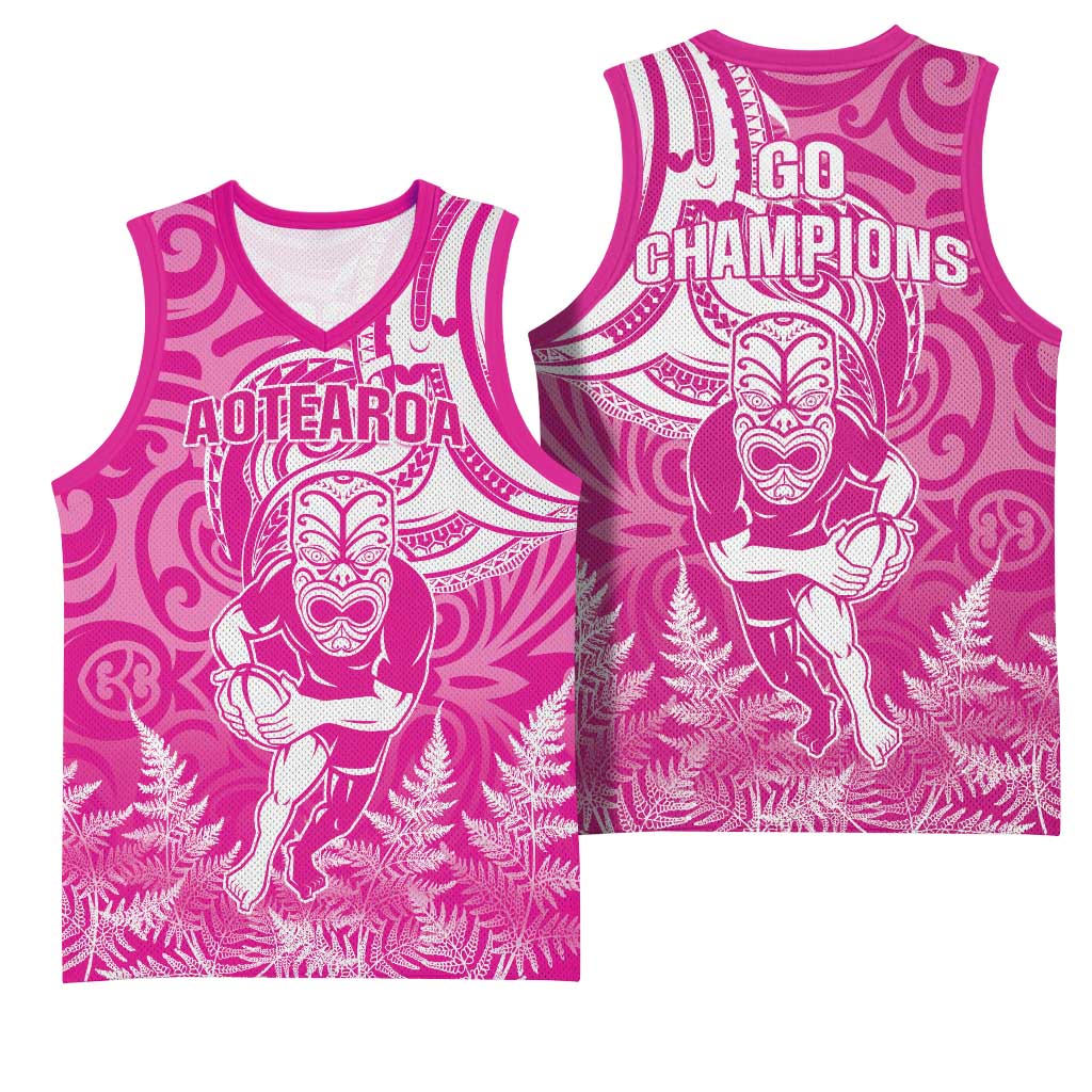 New Zealand Silver Fern Rugby All Pink Basketball Jersey Maori Tiki Player With Ta Moko Tribal - Wonder Print Shop