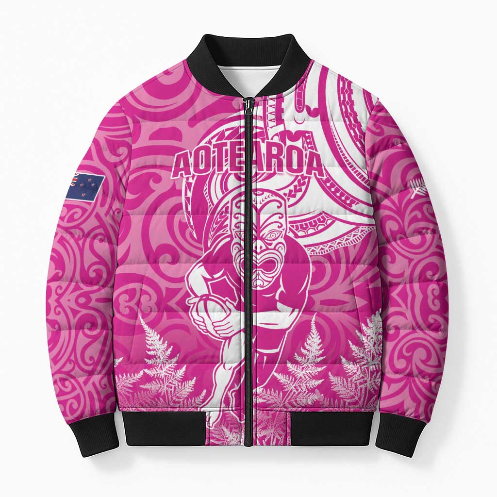 New Zealand Silver Fern Rugby All Pink Bomber Puffer Jacket Maori Tiki Player With Ta Moko Tribal - Wonder Print Shop