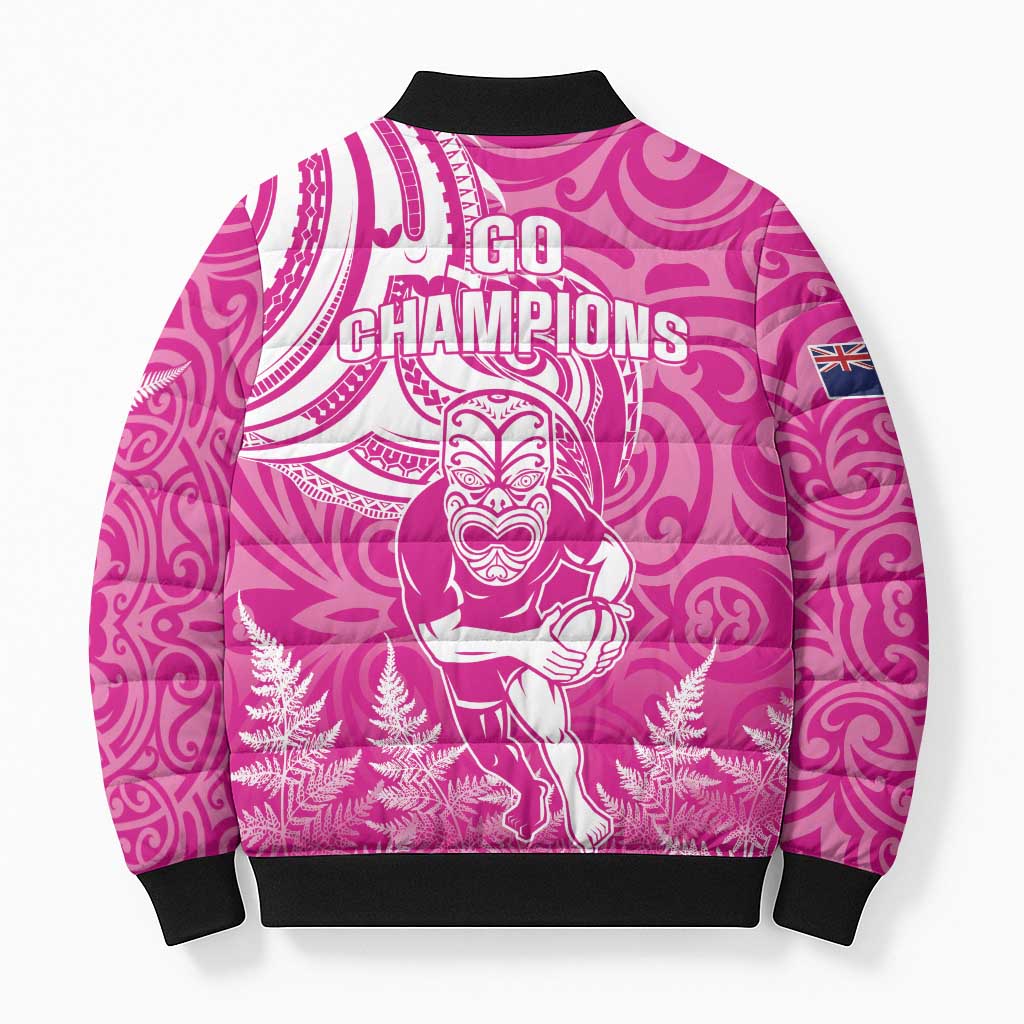 New Zealand Silver Fern Rugby All Pink Bomber Puffer Jacket Maori Tiki Player With Ta Moko Tribal - Wonder Print Shop