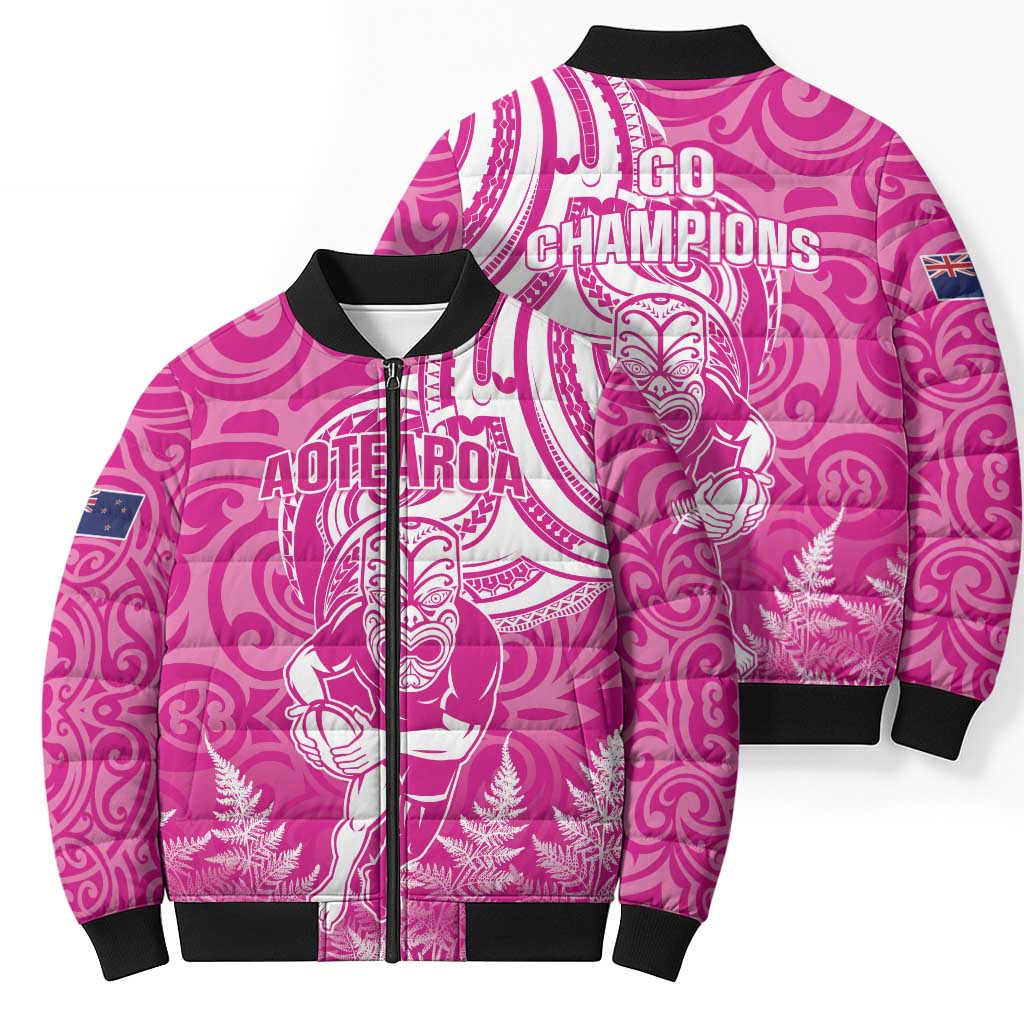 New Zealand Silver Fern Rugby All Pink Bomber Puffer Jacket Maori Tiki Player With Ta Moko Tribal - Wonder Print Shop