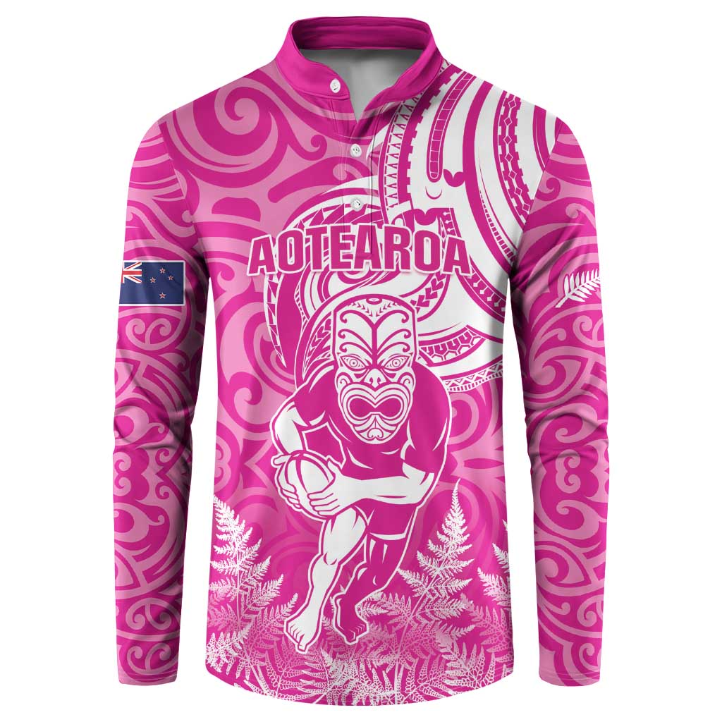New Zealand Silver Fern Rugby All Pink Button Sweatshirt Maori Tiki Player With Ta Moko Tribal - Wonder Print Shop