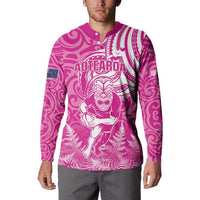 New Zealand Silver Fern Rugby All Pink Button Sweatshirt Maori Tiki Player With Ta Moko Tribal - Wonder Print Shop