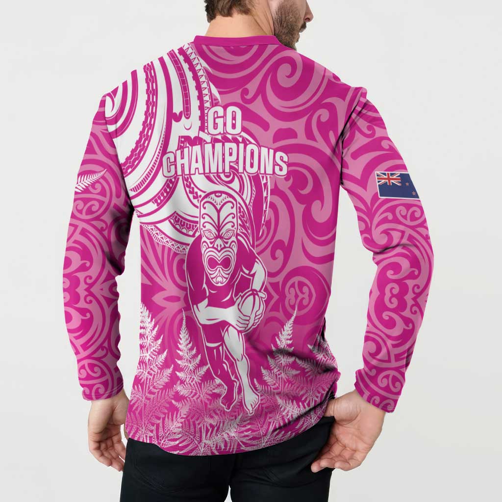 New Zealand Silver Fern Rugby All Pink Button Sweatshirt Maori Tiki Player With Ta Moko Tribal - Wonder Print Shop