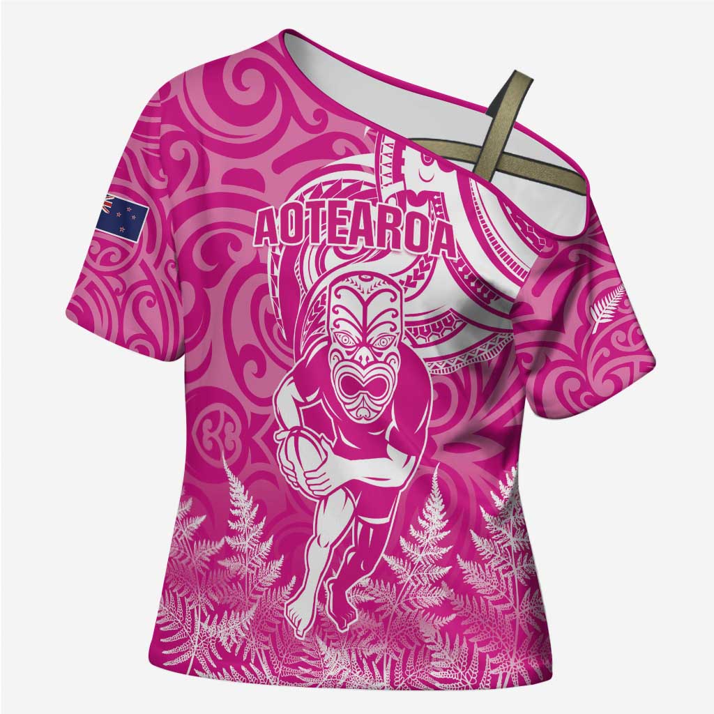 New Zealand Silver Fern Rugby All Pink Cross Shoulder Shirt Maori Tiki Player With Ta Moko Tribal - Wonder Print Shop