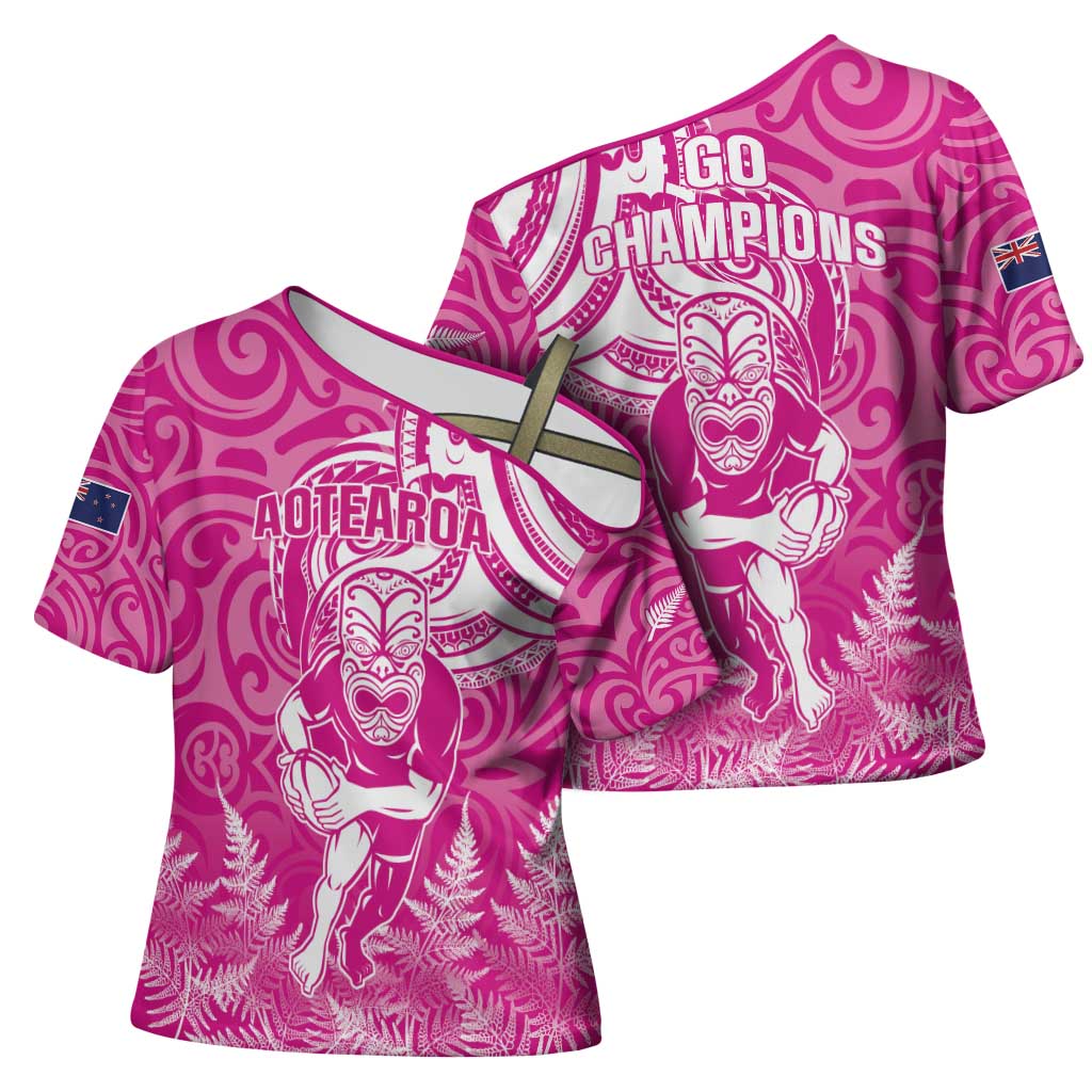 New Zealand Silver Fern Rugby All Pink Cross Shoulder Shirt Maori Tiki Player With Ta Moko Tribal - Wonder Print Shop
