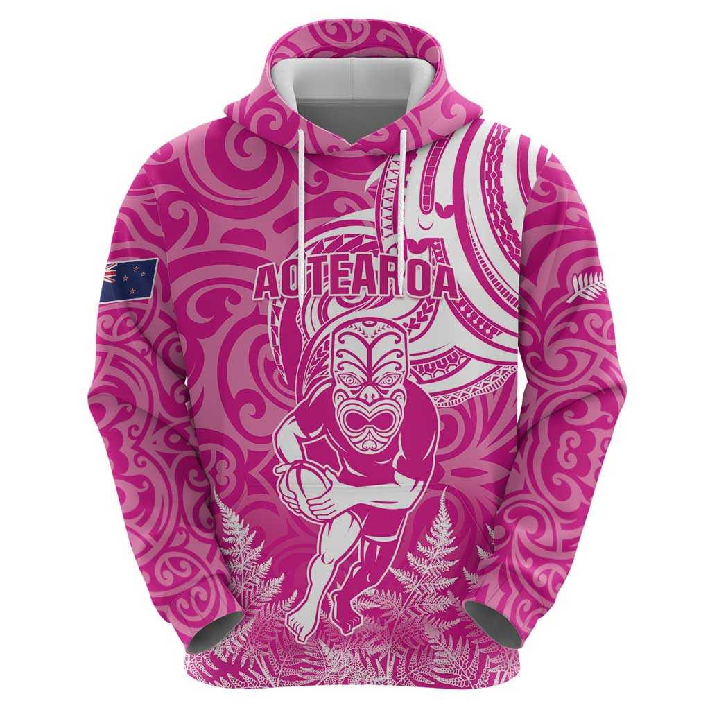 New Zealand Silver Fern Rugby All Pink Hoodie Maori Tiki Player With Ta Moko Tribal - Wonder Print Shop
