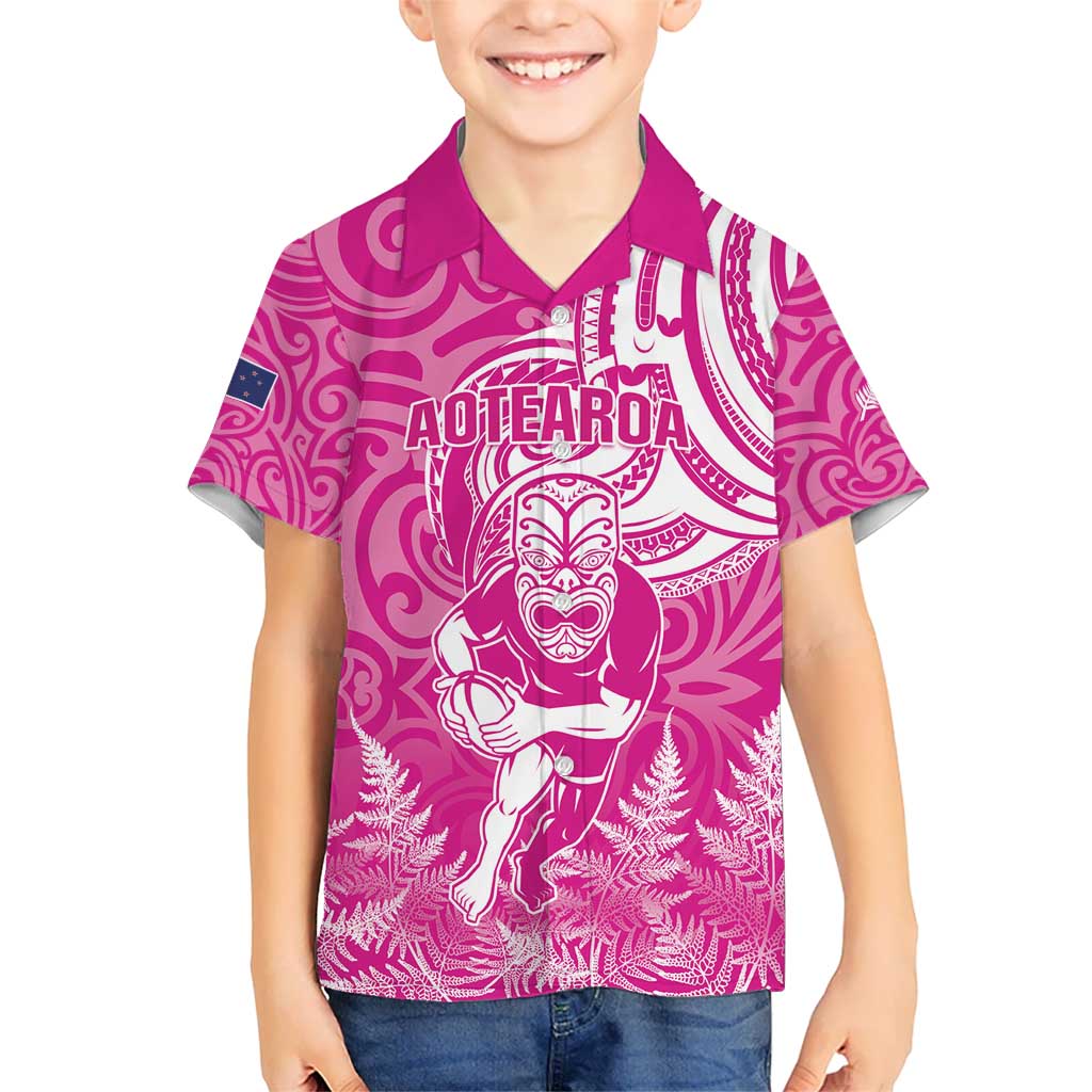 New Zealand Silver Fern Rugby All Pink Kid Hawaiian Shirt Maori Tiki Player With Ta Moko Tribal - Wonder Print Shop