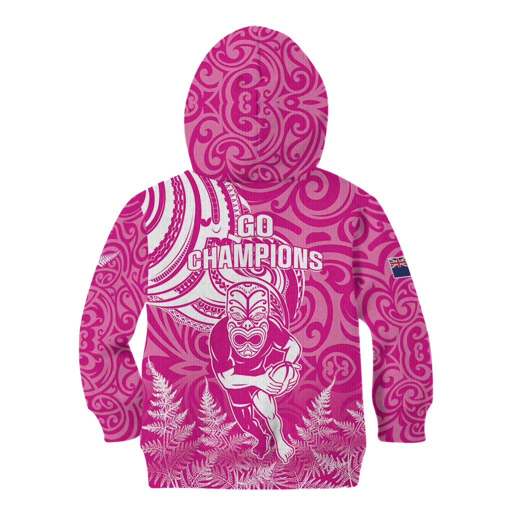 New Zealand Silver Fern Rugby All Pink Kid Hoodie Maori Tiki Player With Ta Moko Tribal - Wonder Print Shop