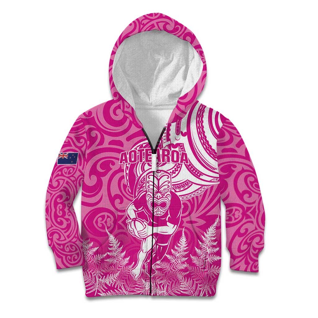 New Zealand Silver Fern Rugby All Pink Kid Hoodie Maori Tiki Player With Ta Moko Tribal - Wonder Print Shop