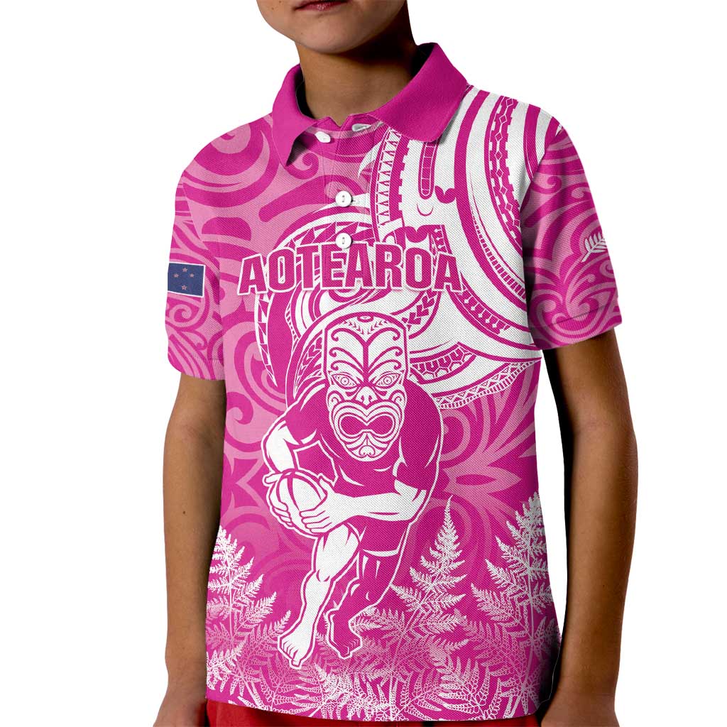 New Zealand Silver Fern Rugby All Pink Kid Polo Shirt Maori Tiki Player With Ta Moko Tribal - Wonder Print Shop