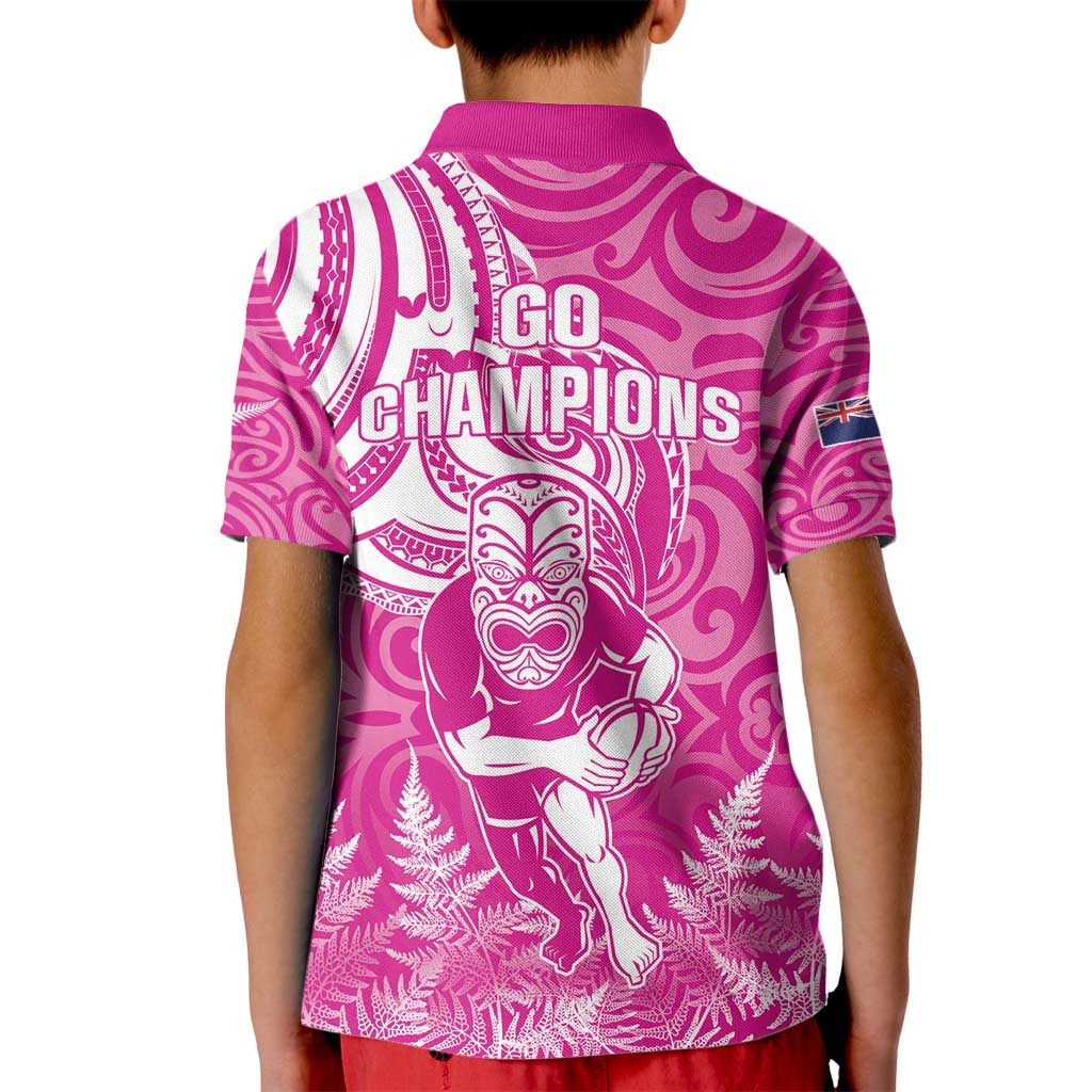 New Zealand Silver Fern Rugby All Pink Kid Polo Shirt Maori Tiki Player With Ta Moko Tribal - Wonder Print Shop