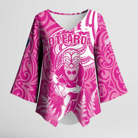 New Zealand Silver Fern Rugby All Pink Kimono Sleeve Blouse Maori Tiki Player With Ta Moko Tribal - Wonder Print Shop