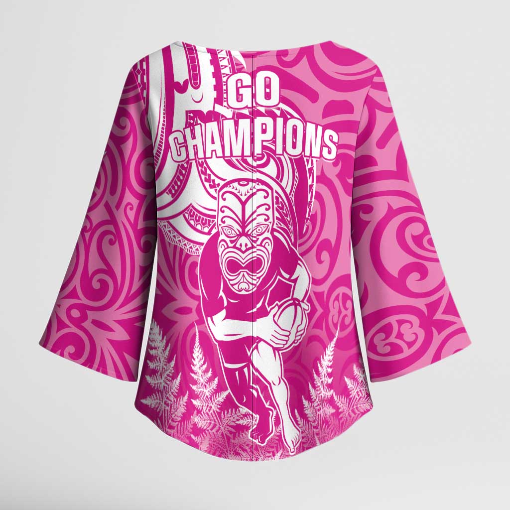 New Zealand Silver Fern Rugby All Pink Kimono Sleeve Blouse Maori Tiki Player With Ta Moko Tribal - Wonder Print Shop