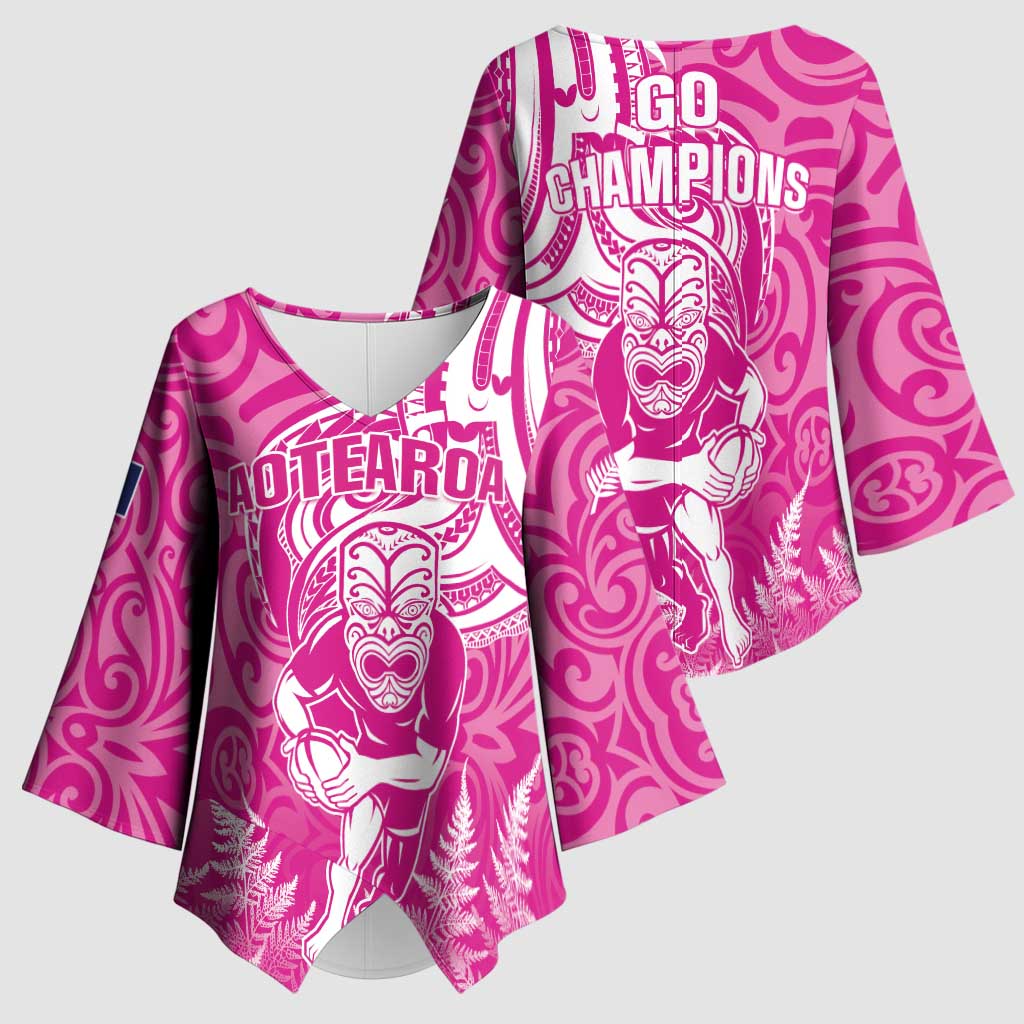 New Zealand Silver Fern Rugby All Pink Kimono Sleeve Blouse Maori Tiki Player With Ta Moko Tribal - Wonder Print Shop