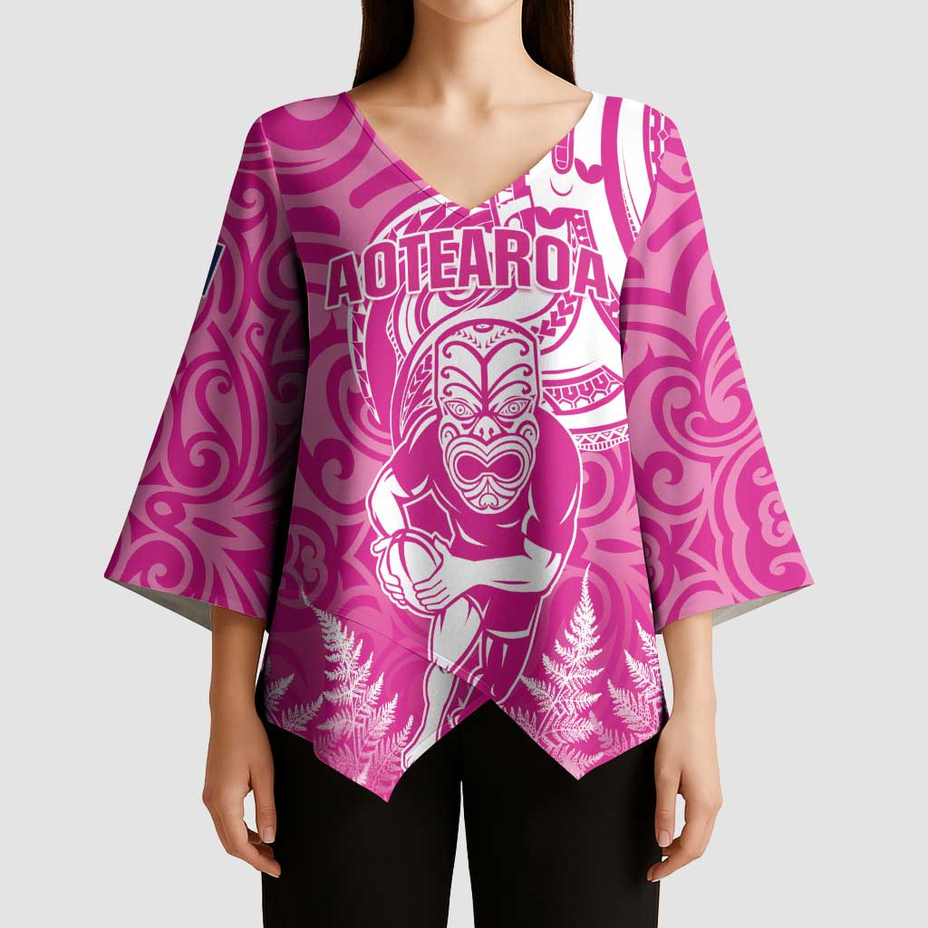 New Zealand Silver Fern Rugby All Pink Kimono Sleeve Blouse Maori Tiki Player With Ta Moko Tribal - Wonder Print Shop