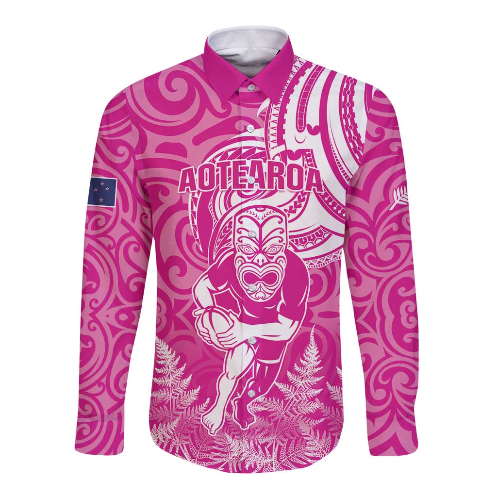 New Zealand Silver Fern Rugby All Pink Long Sleeve Button Shirt Maori Tiki Player With Ta Moko Tribal - Wonder Print Shop