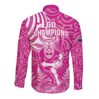 New Zealand Silver Fern Rugby All Pink Long Sleeve Button Shirt Maori Tiki Player With Ta Moko Tribal - Wonder Print Shop
