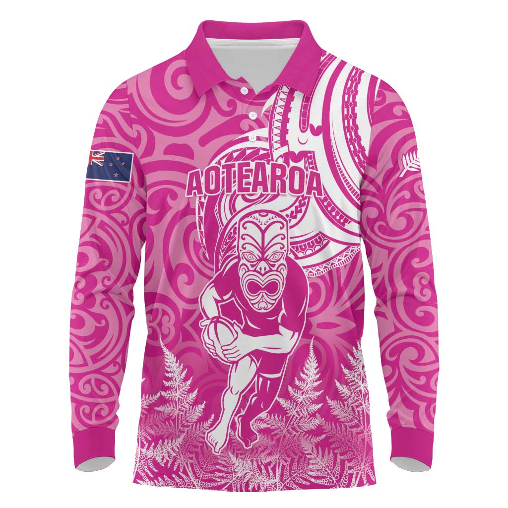 New Zealand Silver Fern Rugby All Pink Long Sleeve Polo Shirt Maori Tiki Player With Ta Moko Tribal - Wonder Print Shop