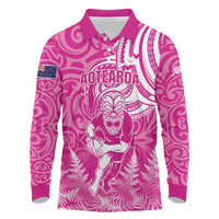 New Zealand Silver Fern Rugby All Pink Long Sleeve Polo Shirt Maori Tiki Player With Ta Moko Tribal - Wonder Print Shop