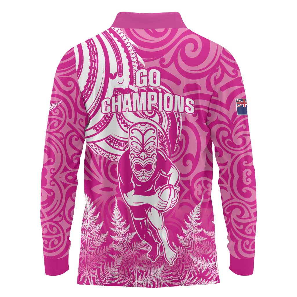 New Zealand Silver Fern Rugby All Pink Long Sleeve Polo Shirt Maori Tiki Player With Ta Moko Tribal - Wonder Print Shop