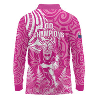 New Zealand Silver Fern Rugby All Pink Long Sleeve Polo Shirt Maori Tiki Player With Ta Moko Tribal - Wonder Print Shop