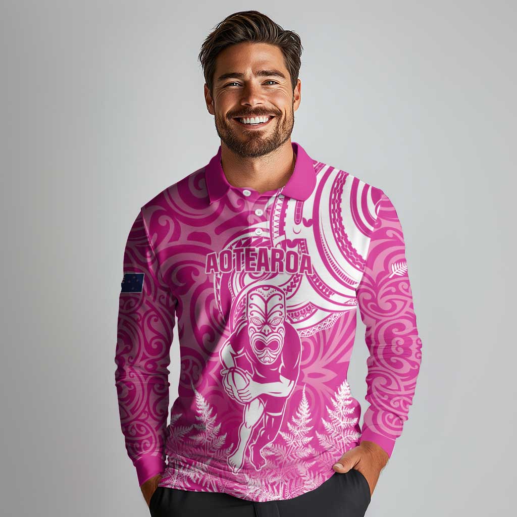 New Zealand Silver Fern Rugby All Pink Long Sleeve Polo Shirt Maori Tiki Player With Ta Moko Tribal - Wonder Print Shop
