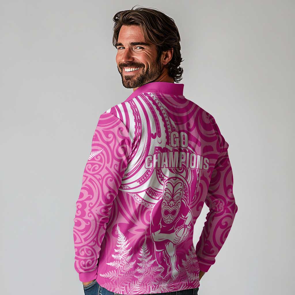 New Zealand Silver Fern Rugby All Pink Long Sleeve Polo Shirt Maori Tiki Player With Ta Moko Tribal - Wonder Print Shop