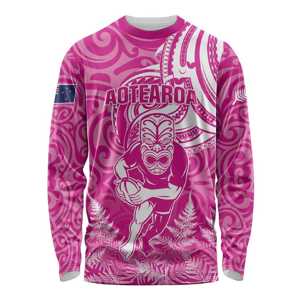 New Zealand Silver Fern Rugby All Pink Long Sleeve Shirt Maori Tiki Player With Ta Moko Tribal - Wonder Print Shop