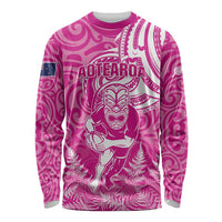 New Zealand Silver Fern Rugby All Pink Long Sleeve Shirt Maori Tiki Player With Ta Moko Tribal - Wonder Print Shop
