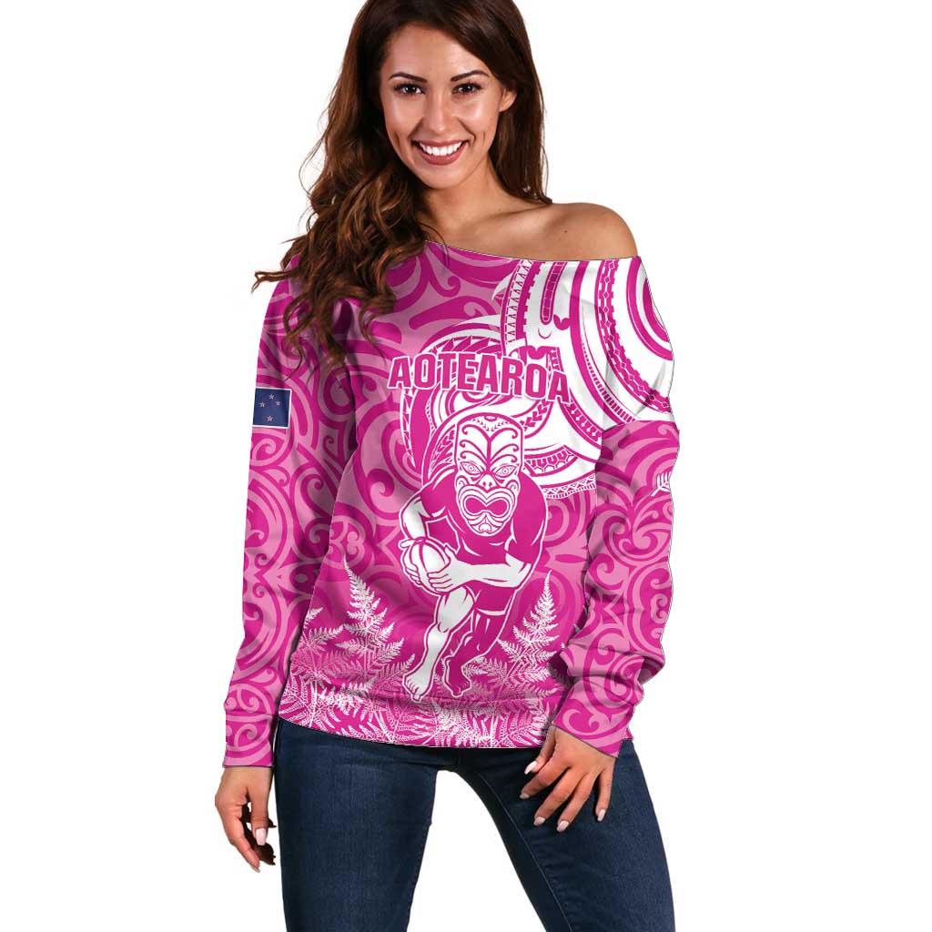 New Zealand Silver Fern Rugby All Pink Off Shoulder Sweater Maori Tiki Player With Ta Moko Tribal - Wonder Print Shop