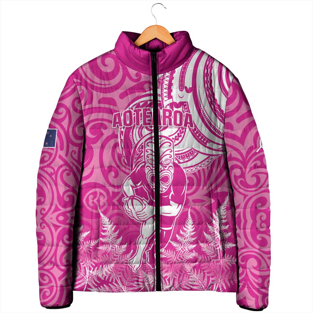 New Zealand Silver Fern Rugby All Pink Padded Jacket Maori Tiki Player With Ta Moko Tribal - Wonder Print Shop