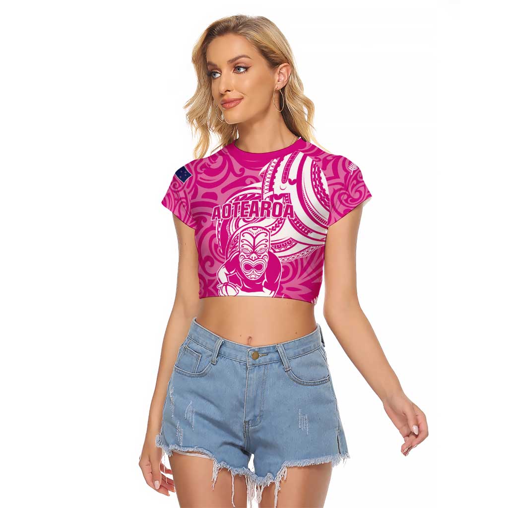 New Zealand Silver Fern Rugby All Pink Raglan Cropped T Shirt Maori Tiki Player With Ta Moko Tribal - Wonder Print Shop
