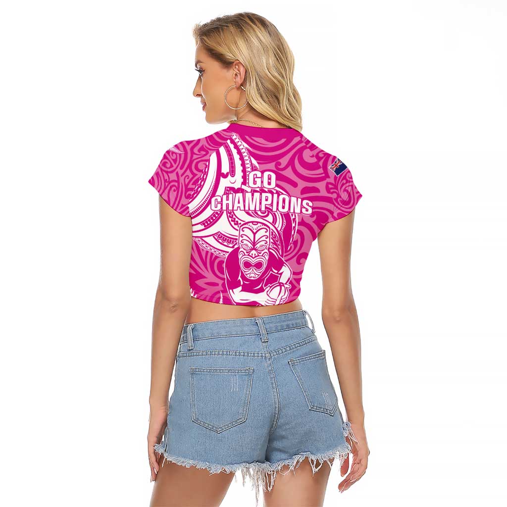 New Zealand Silver Fern Rugby All Pink Raglan Cropped T Shirt Maori Tiki Player With Ta Moko Tribal - Wonder Print Shop