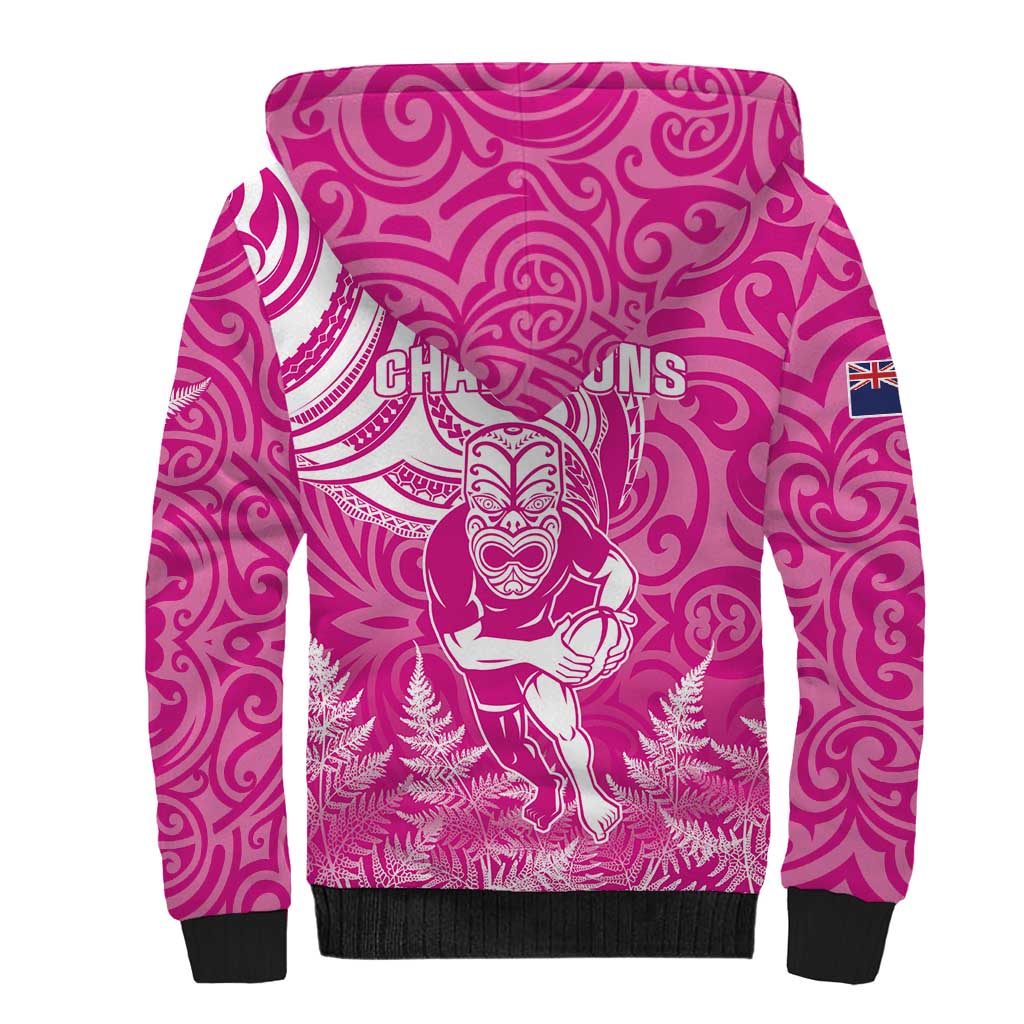 New Zealand Silver Fern Rugby All Pink Sherpa Hoodie Maori Tiki Player With Ta Moko Tribal - Wonder Print Shop
